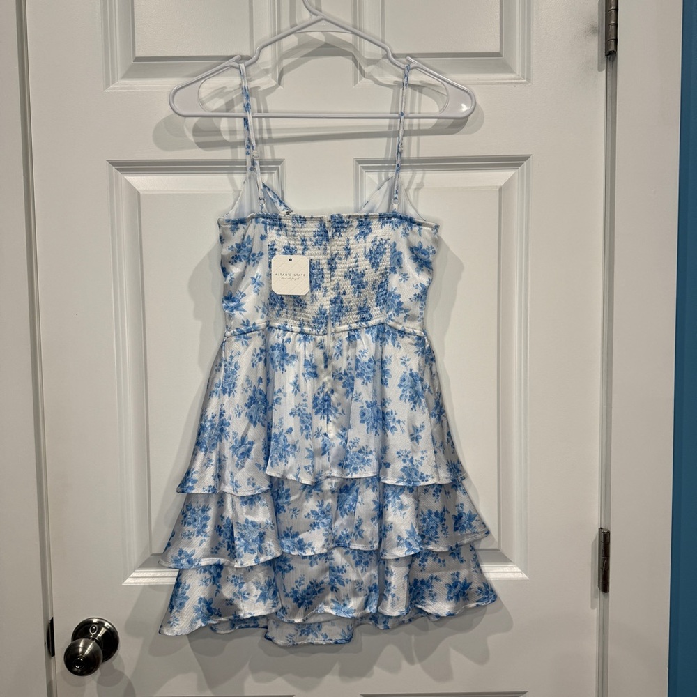 Altar'd State Blue Floral Tie-Front Tiered Mini Dress Size XS - Picture 6 of 7